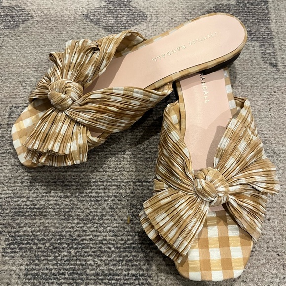 Loeffler Randall Daphne Knot Flat Sandals In Mustard Gingham - Picture 2 of 7